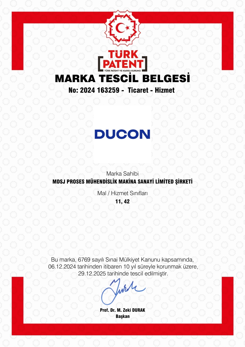 MDSJ Process DUCON® Tescilli Marka belgesi